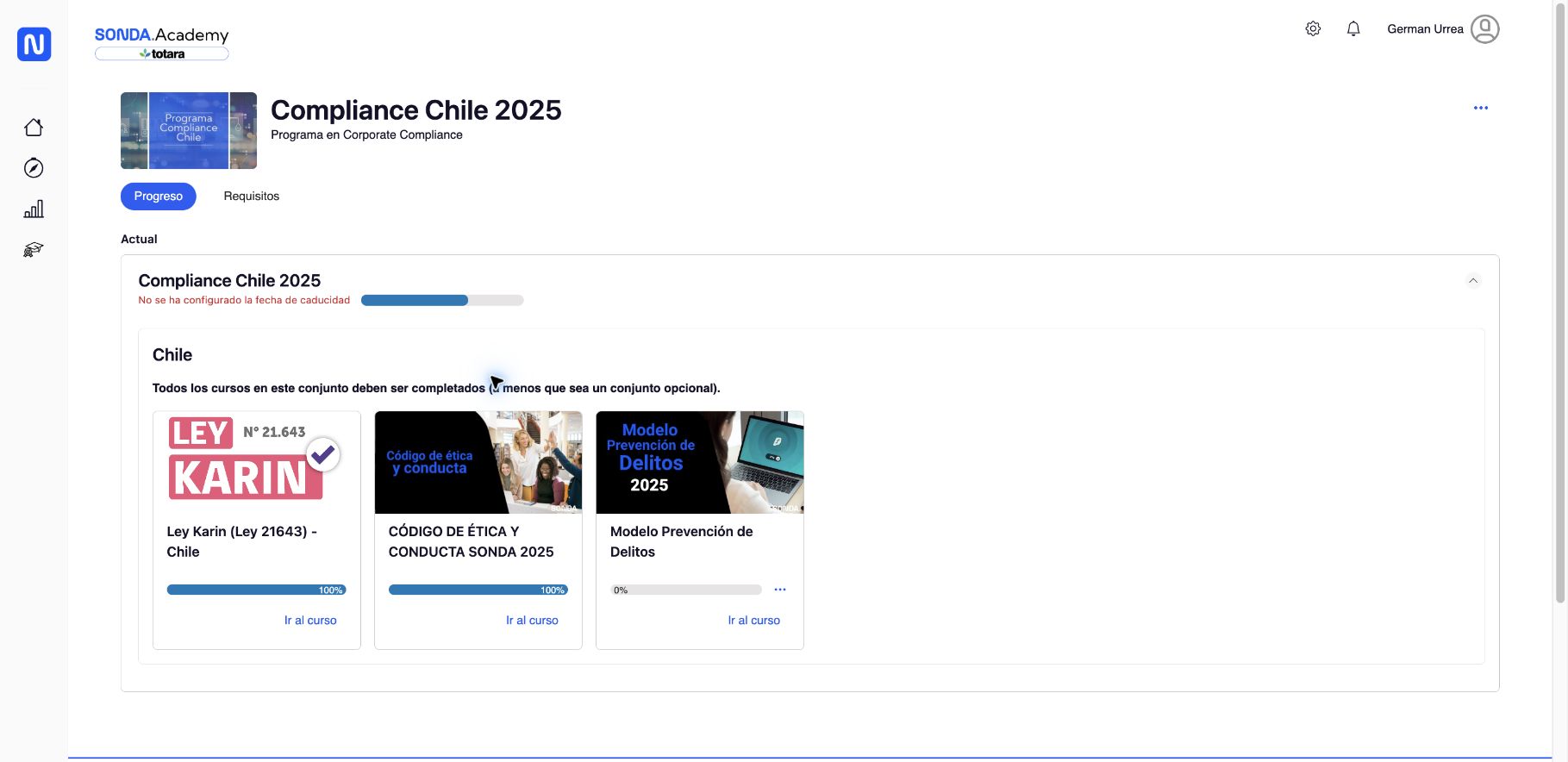 Vista de seguimiento de un programa en GlowLMS